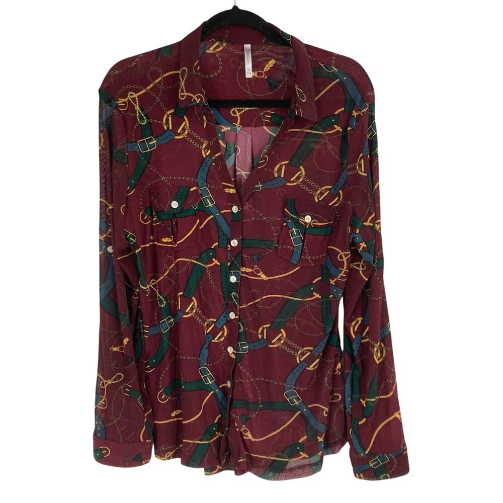 DNA Couture Equestrian Harness Maroon Gold Green Mesh Printed Top Women’s Sz 3X